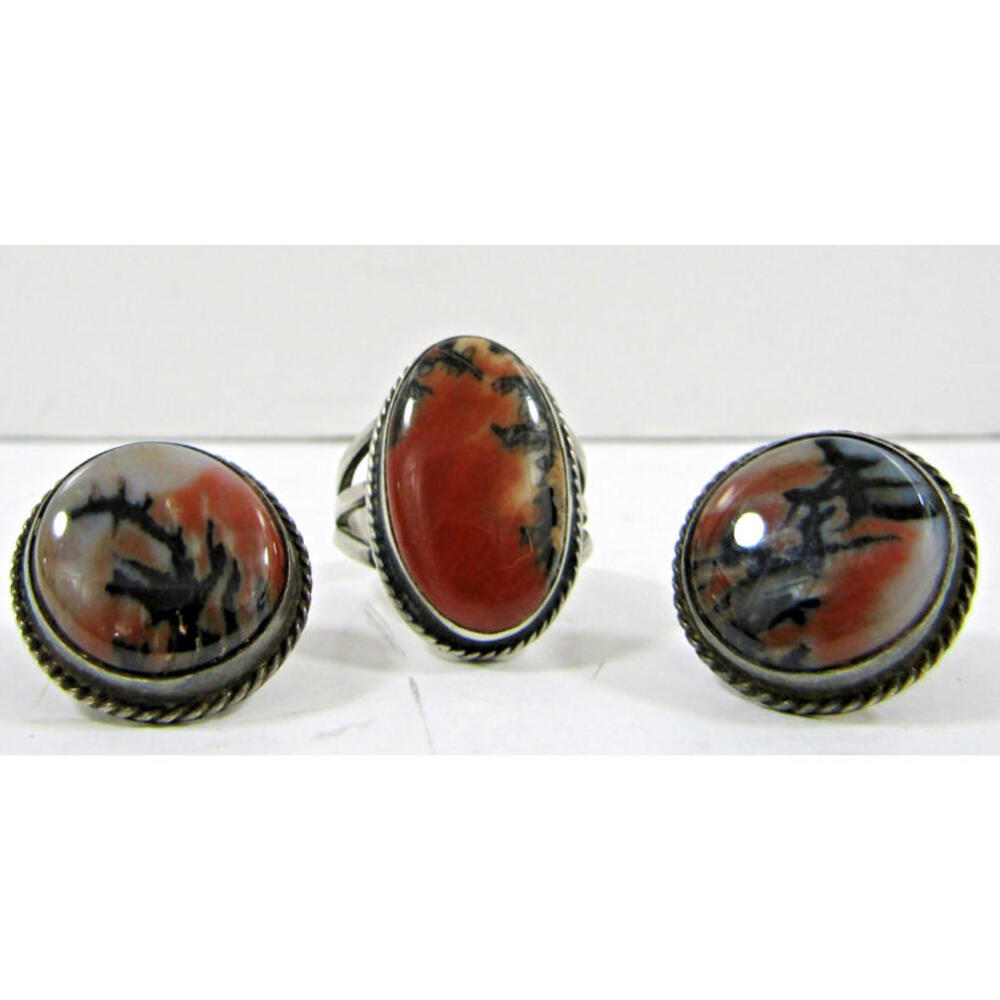 Southwest Tribal Sterling Silver Agate Ring and Matching Earrings - Picture 2 of 16